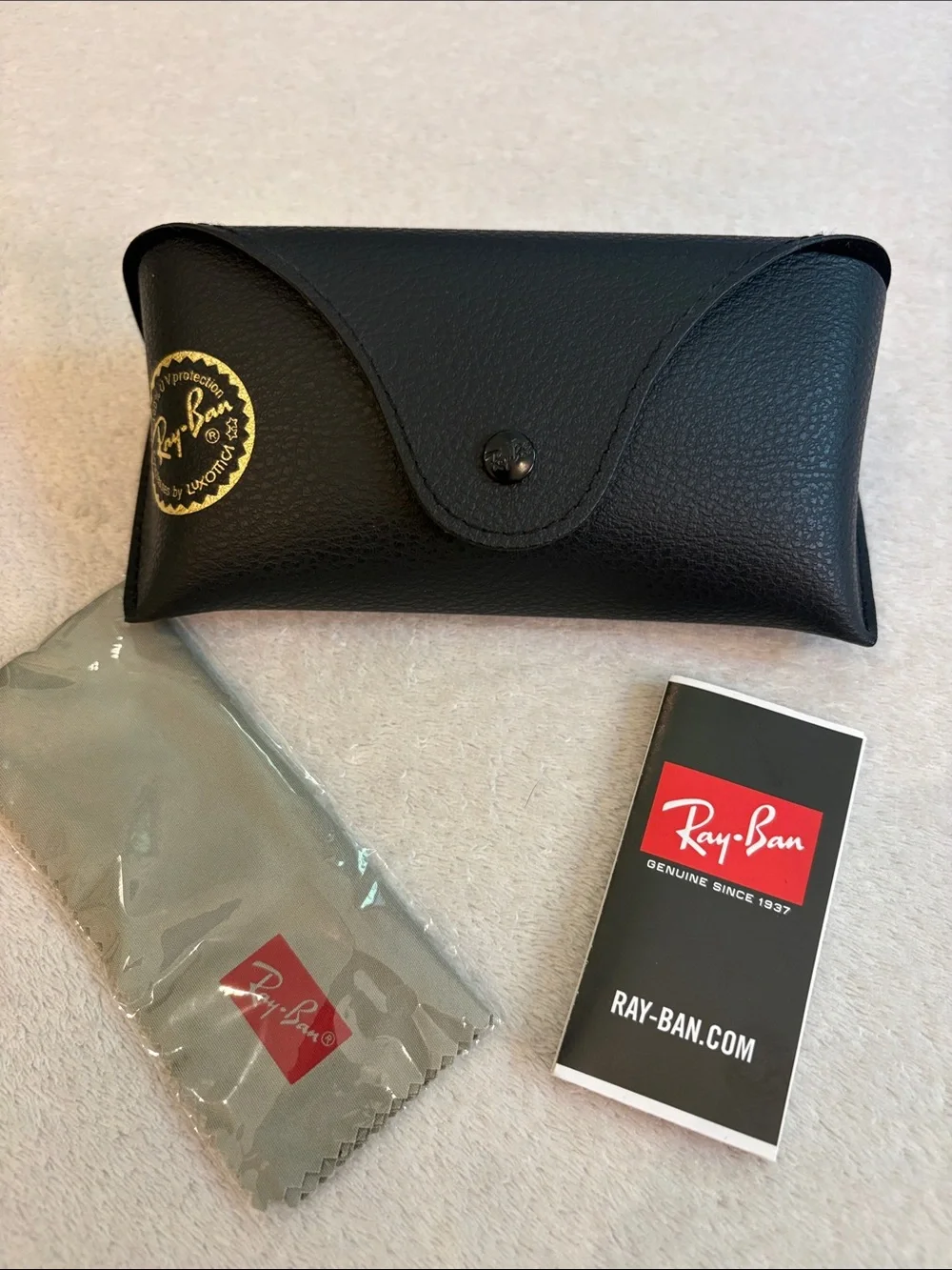 Ray-Ban Black Sunglasses Case with Gold Logo and Gray Microfiber Cloth — EMPTY